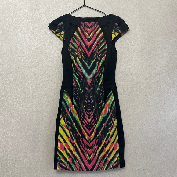 Karen Millen Multicolor Striped Neon Mesh Detail Cocktail Pencil Sheath Dress 2 - Picture 3 of 14